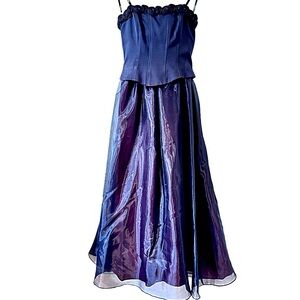 Roberta Evening Prom Gown Iridescent Blue Full Skirt Rose Trim Bodice Sz 11/12
